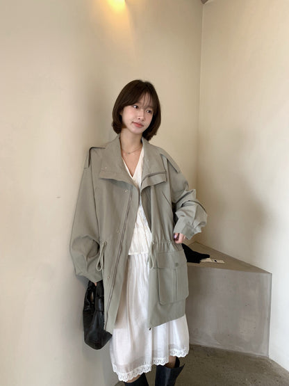 🫒 帥氣可立領束腰口袋工裝外套