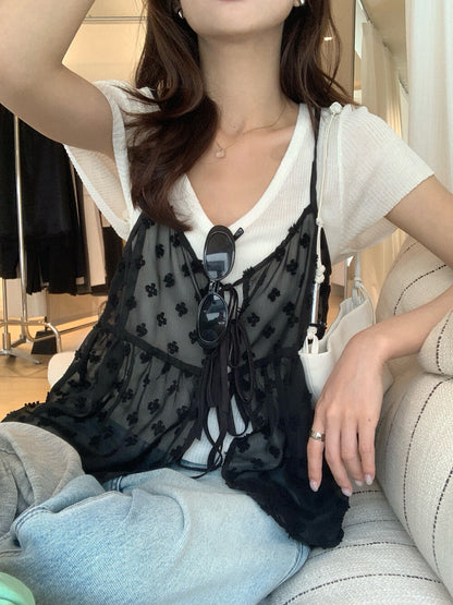 // 疊穿必入刺繡透膚綁帶小吊帶
