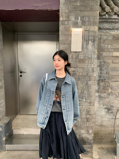 J01 / 壓褶工藝oversize復古洗水牛仔外套