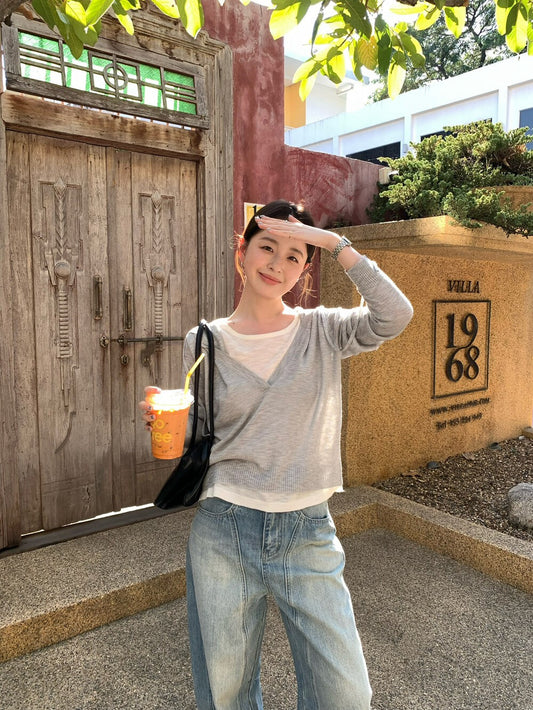 🧢 假兩件拼接連帽薄款針織衫￼