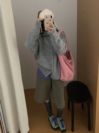 // 軟糯感連帽6色排扣毛衣