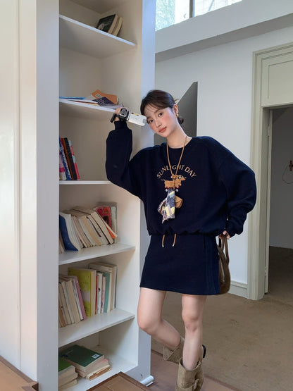 // 可愛小狗刺繡衛衣+短裙套裝(連掛飾)