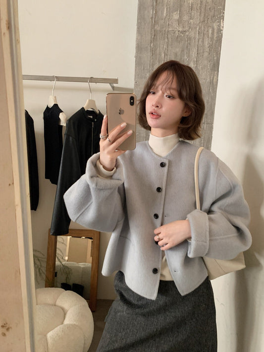 // 100%羊毛簡約圓領小口袋雙面羊毛手工外套