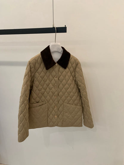 // 高品質拼燈芯絨領菱格薄夾棉外套