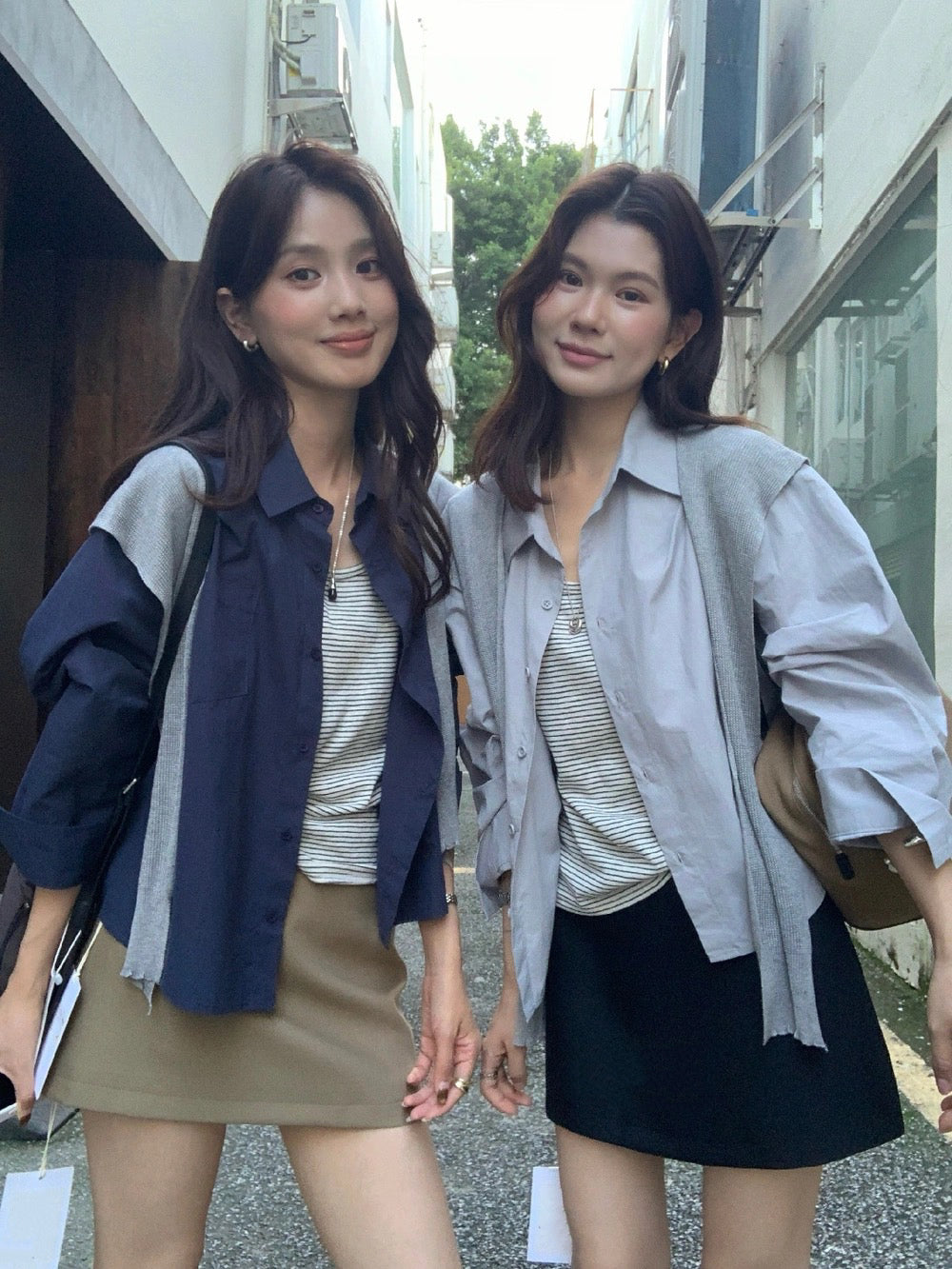 B49 / 間條背心+短版恤衫+針織披肩三件套￼