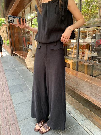 S03 / 棉麻穿繩領泡泡腳背心+口袋全長褲套裝(可分開單買)