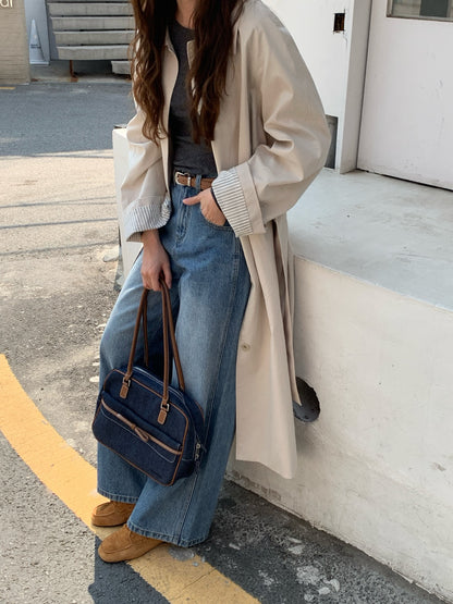 // 背後鈕扣設計翻領長款trench coat