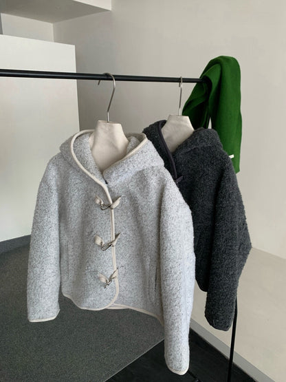 //65%羊毛特別鈕扣羊羔毛連帽外套