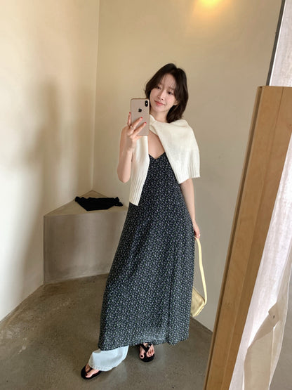 // 春夏碎花吊帶微A長裙