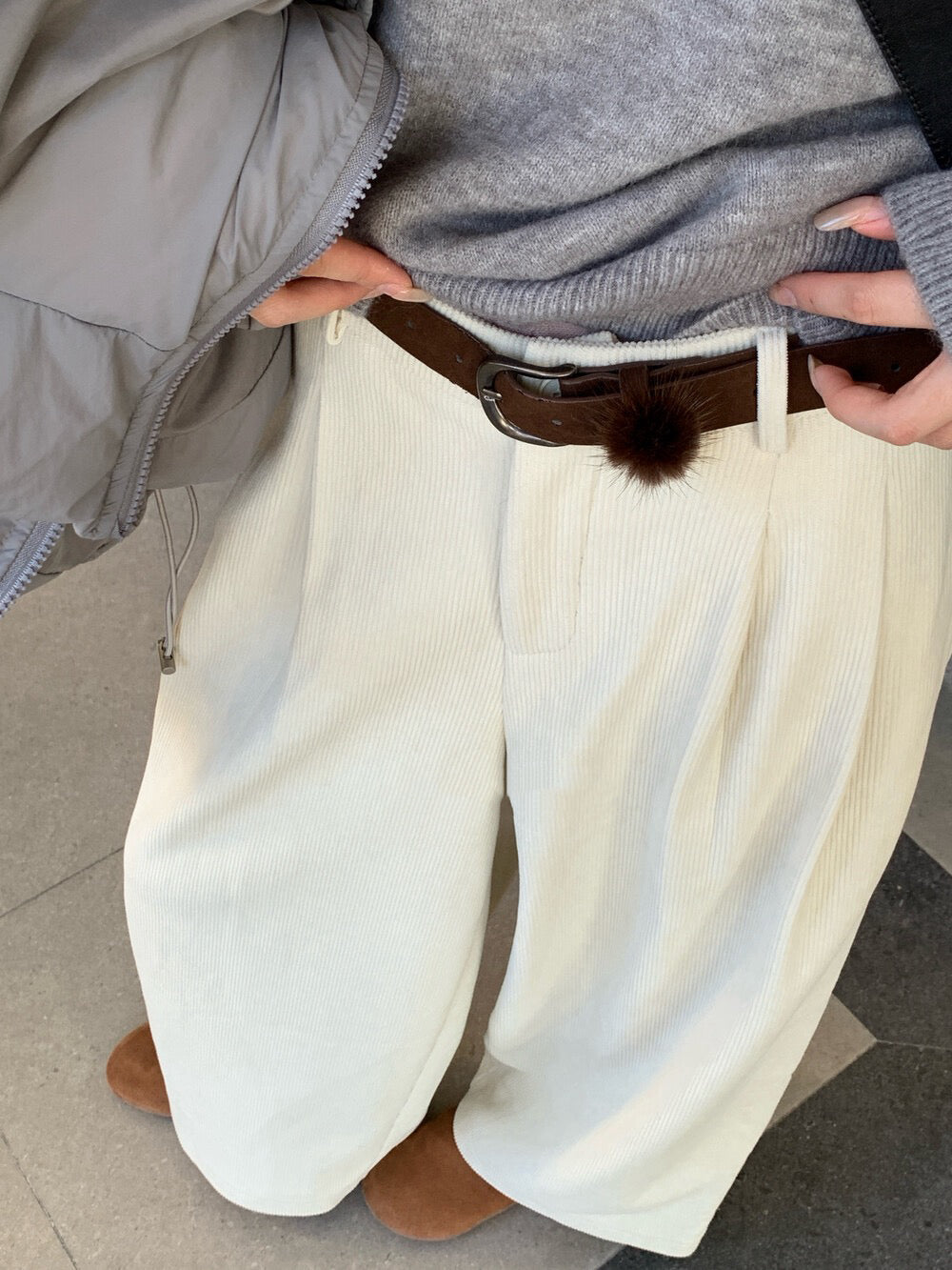 // 梨型身材必入壓褶加絨燈芯絨褲(連腰帶)