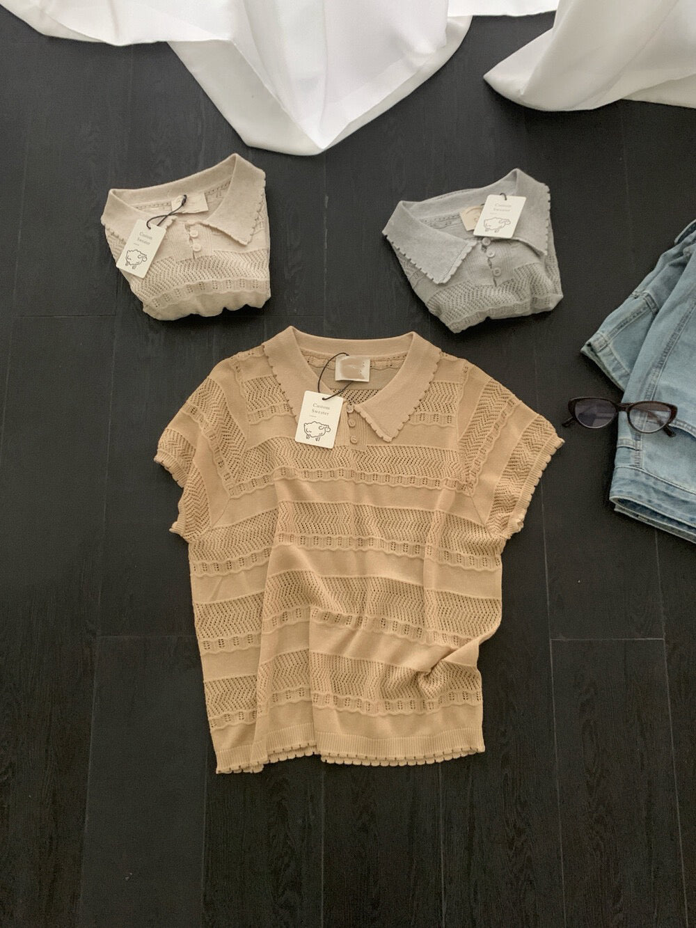 K19 / 精緻鏤空花邊翻領lyocell polo NT
