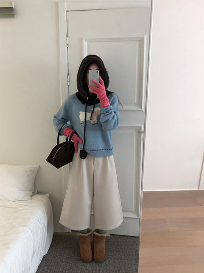 // 帥氣八分毛呢料加絨褲(連小腰包+腰帶)