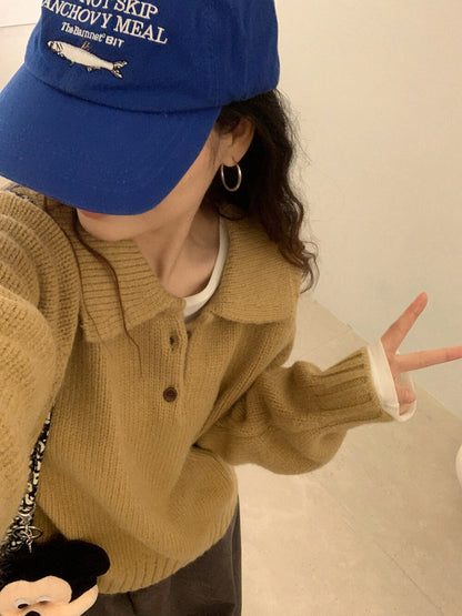 // 超韓領鈕扣粗坑紋翻領毛衣