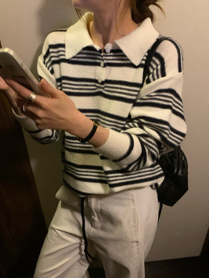 // 復古拼間翻領針織上衣