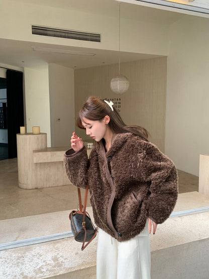 // 拼接材質可愛毛茸茸連帽外套