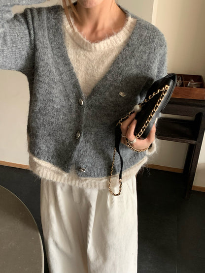 // 10%wool質感不規則鈕扣假兩件毛衣