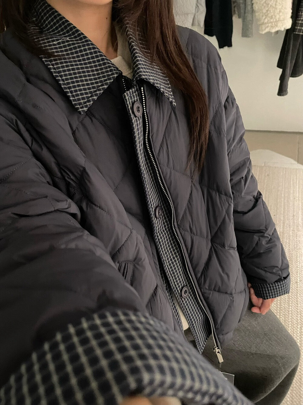 // 特別款菱格90%duck down拼接假兩件外套