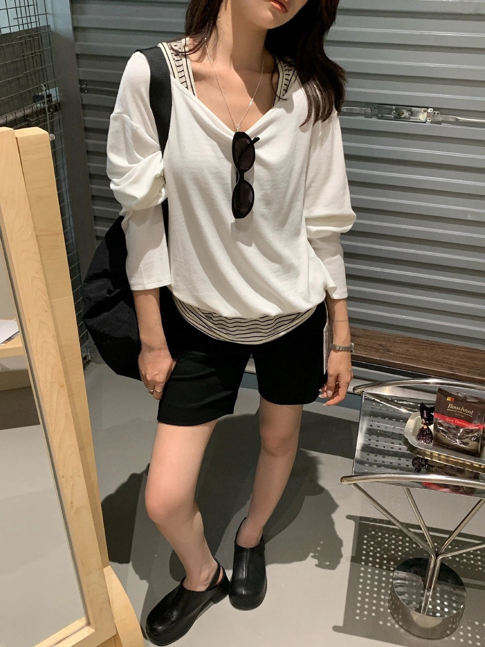 B42 / 拼接間條背心假兩件TEE
