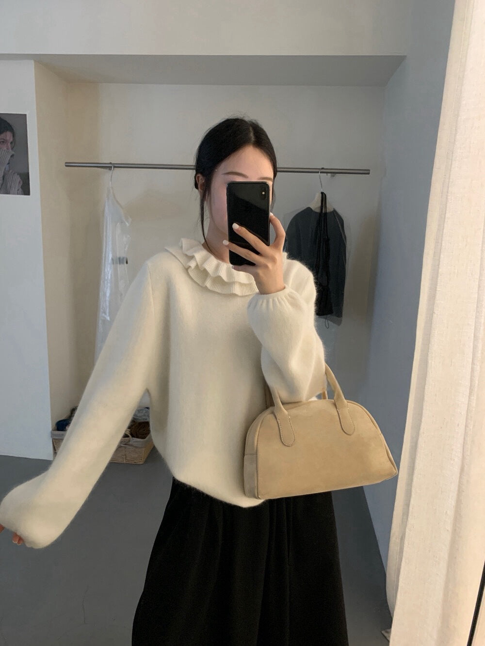 // 20%兔毛雙層荷葉領束袖口毛衣