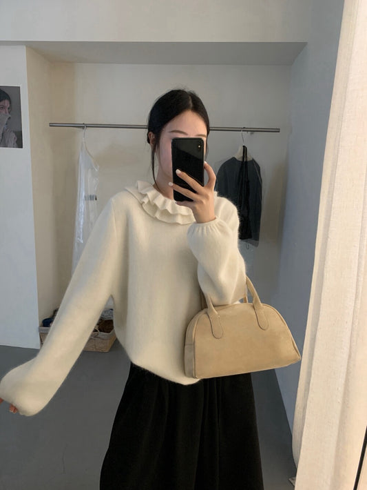 // 20%兔毛雙層荷葉領束袖口毛衣