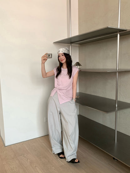 // 小飛袖不規則皺褶TEE