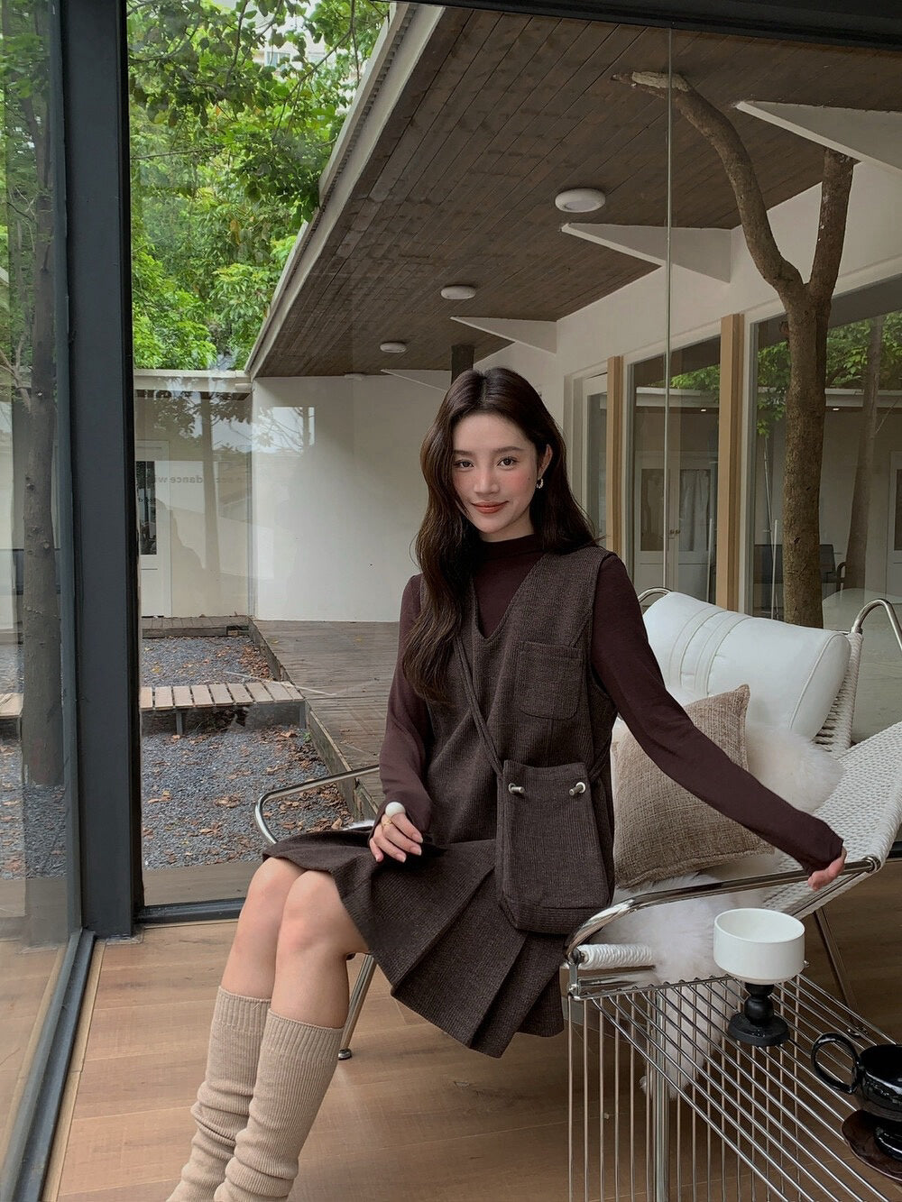 // V領百褶腳背心OPS+高領彈性打底兩件套(連袋仔)