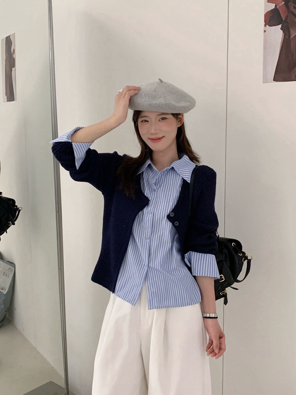 // 間條恤衫拼接針織外套假兩件上衣