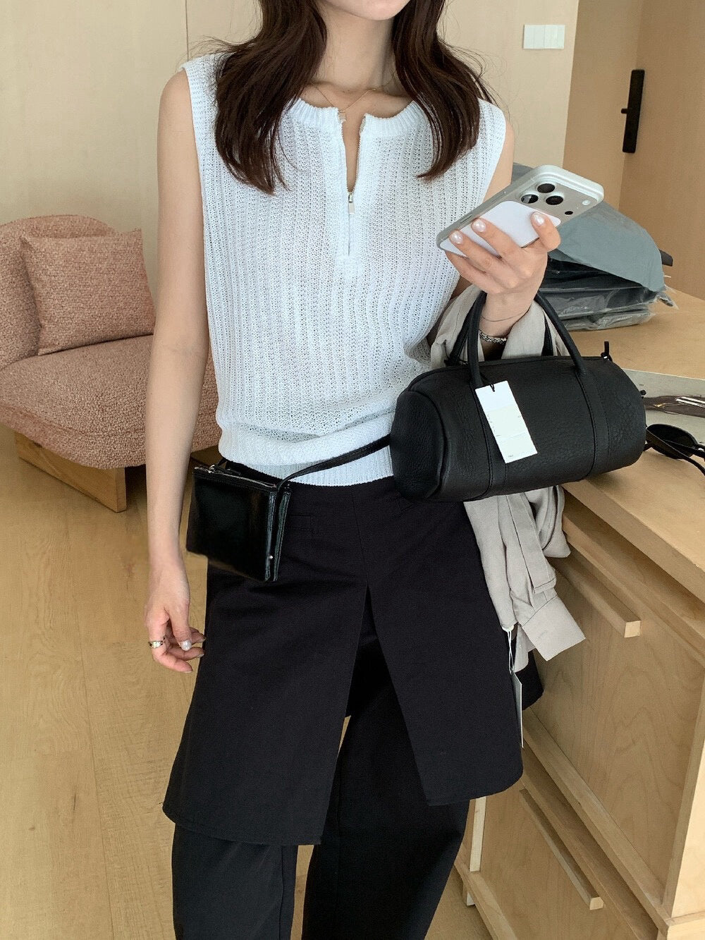 // 高級感半拉鍊直織紋背心