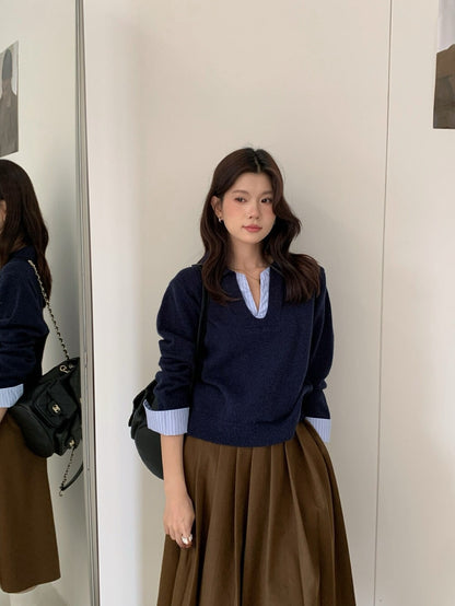 // 設計感拼接恤衫針織上衣