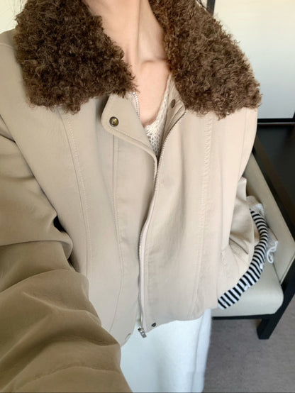 // 拼接卷毛領設計感短外套