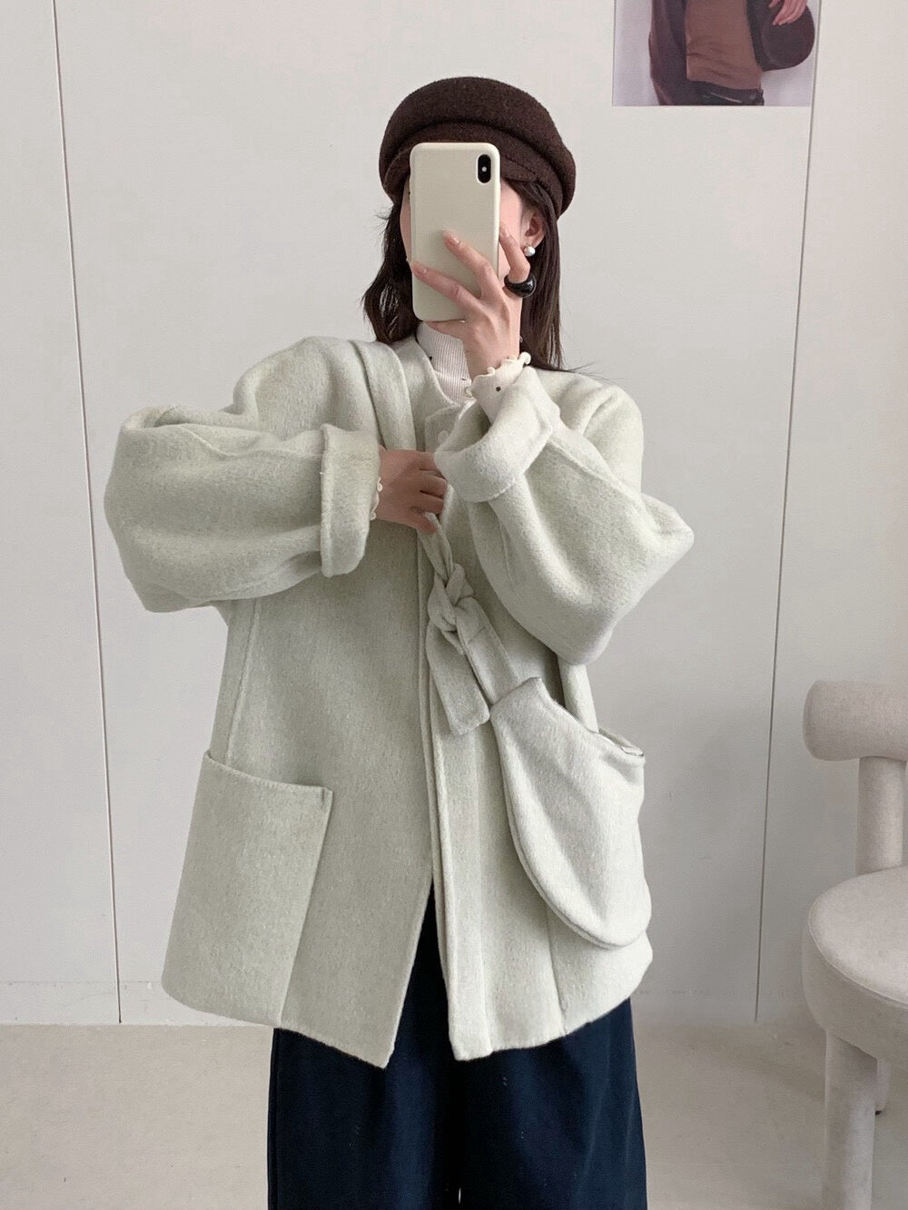 // 100%wool圓領大袋雙面毛呢外套(連袋仔)