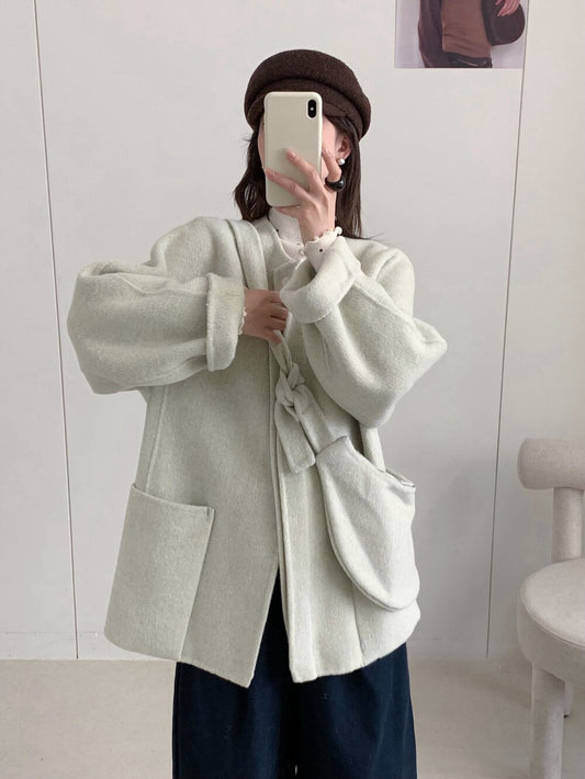 // 100%wool圓領大袋雙面毛呢外套(連袋仔)