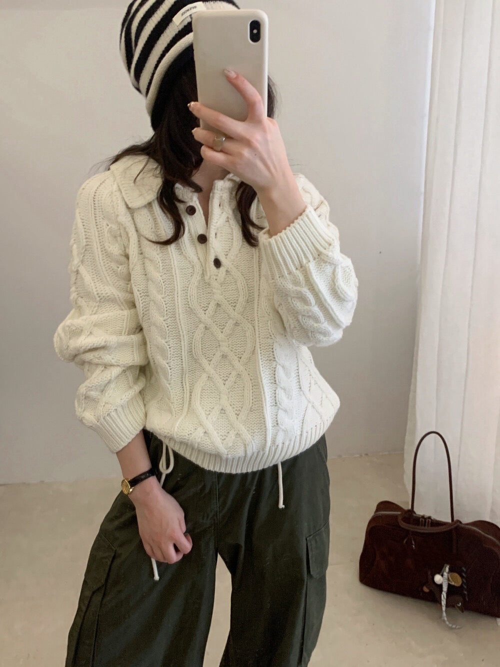 // 復古感重工麻花鈕扣翻領NT