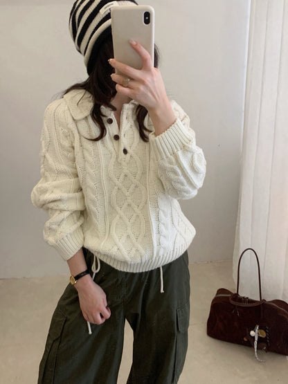 // 復古感重工麻花鈕扣翻領NT