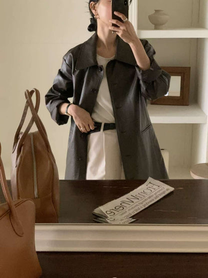 // 連腰帶中長款翻領啞光彷皮外套