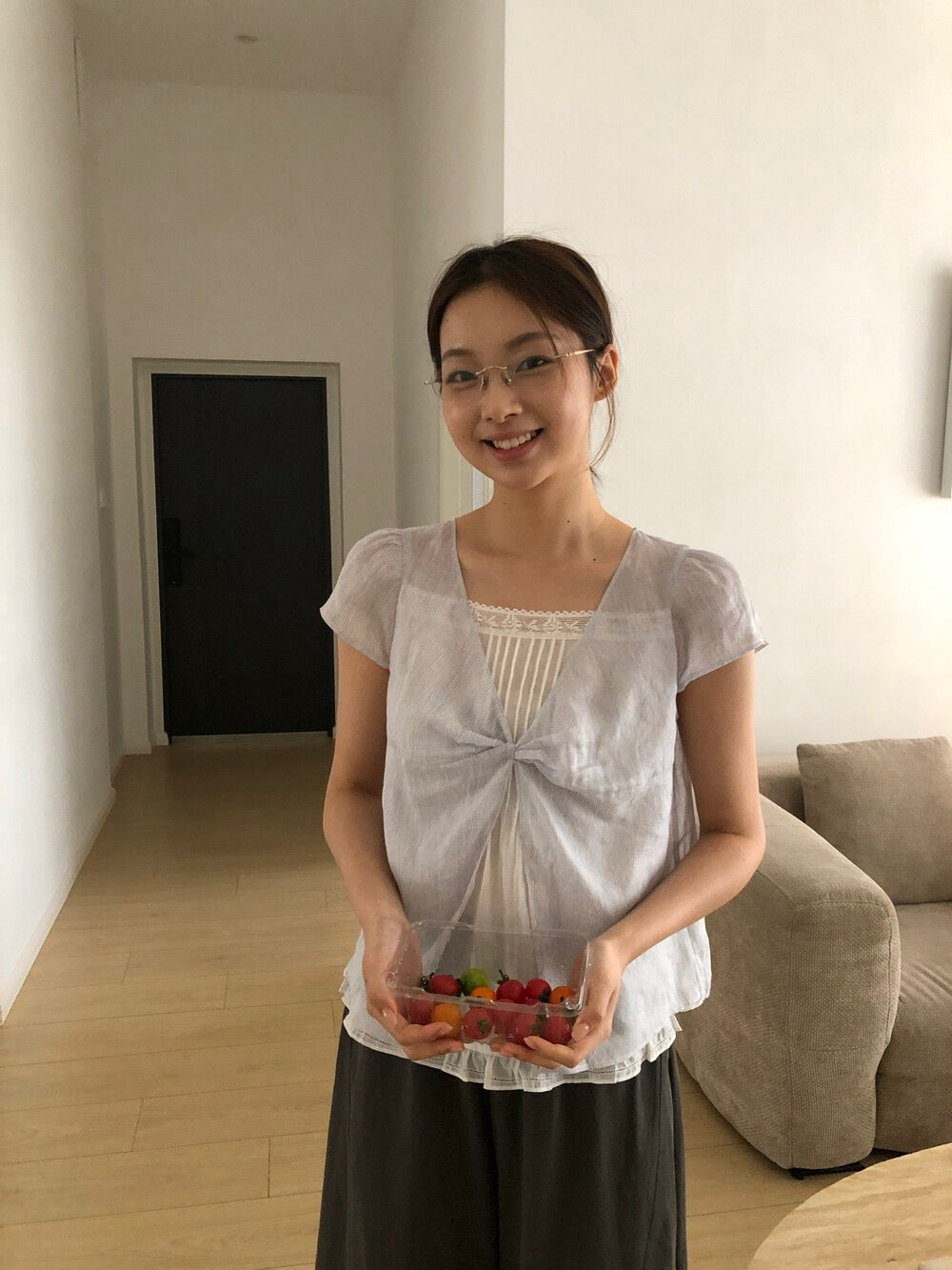 B07 / 細間條內lace邊假兩件麻質BL