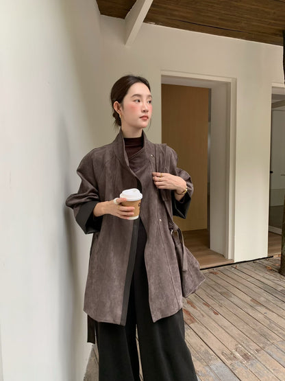 // 帥氣麂皮絨可立領拼皮外套