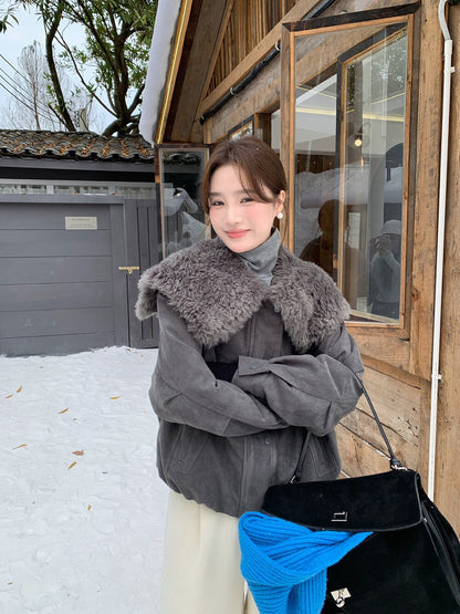 // 設計感毛毛大翻領夾棉短款JK