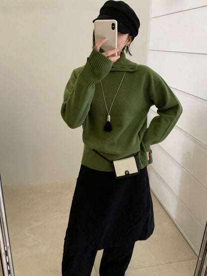 // 100%綿羊毛鈕扣可立領+設計感袖口毛衣