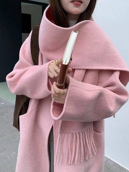 // 100%wool簡約圓領手工雙面長外套(連頸巾)