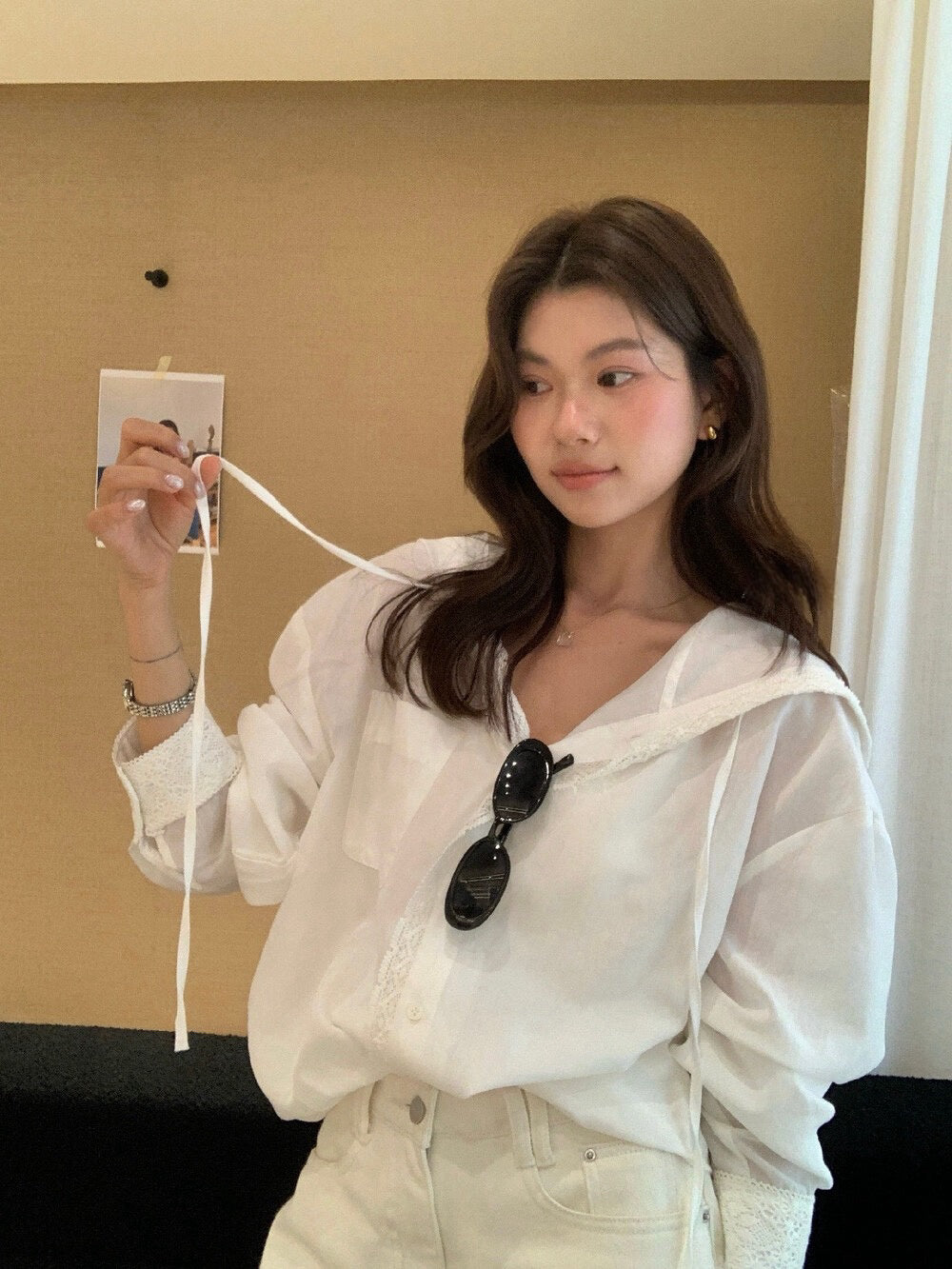 // 拼接lace邊連帽排扣上衣