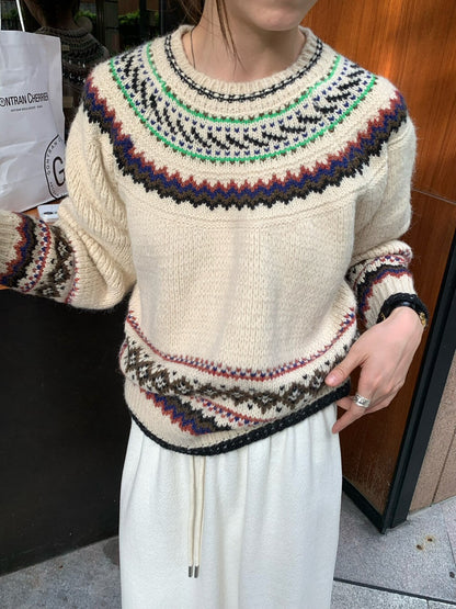 // 10%wool復古花紋圓領毛衣