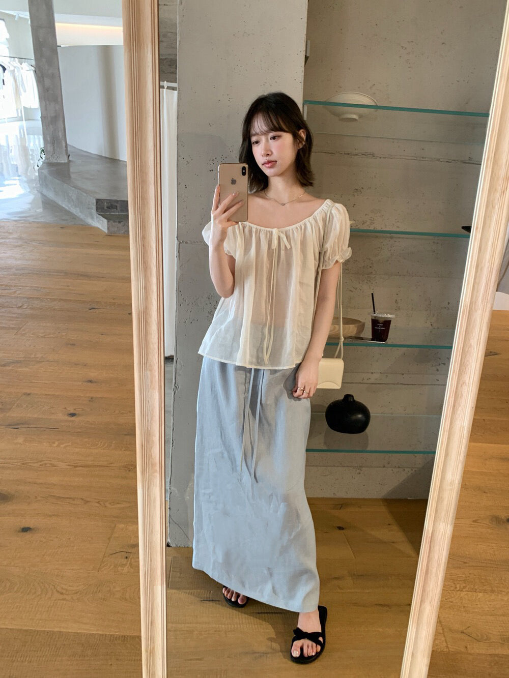 // 100%麻質後開叉綁帶腰SK