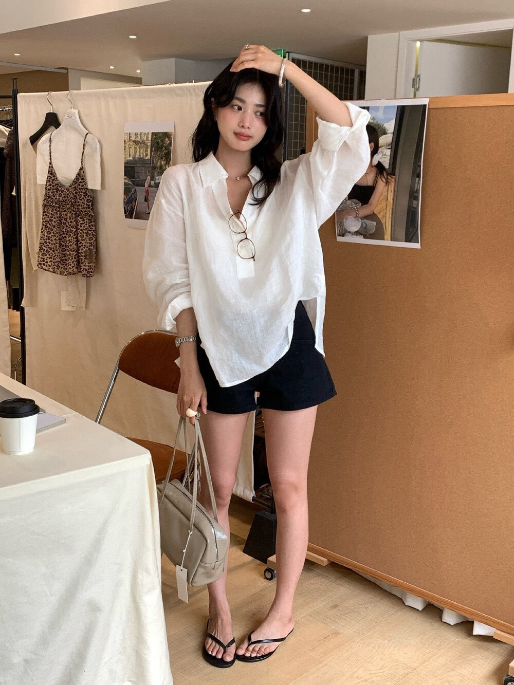 // 100%麻半鈕扣翻領透氣BL