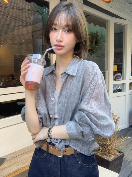 // 100%麻質細條紋SH