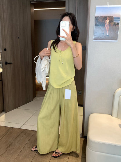 // 麻質混竹節棉顯瘦壓褶闊褲