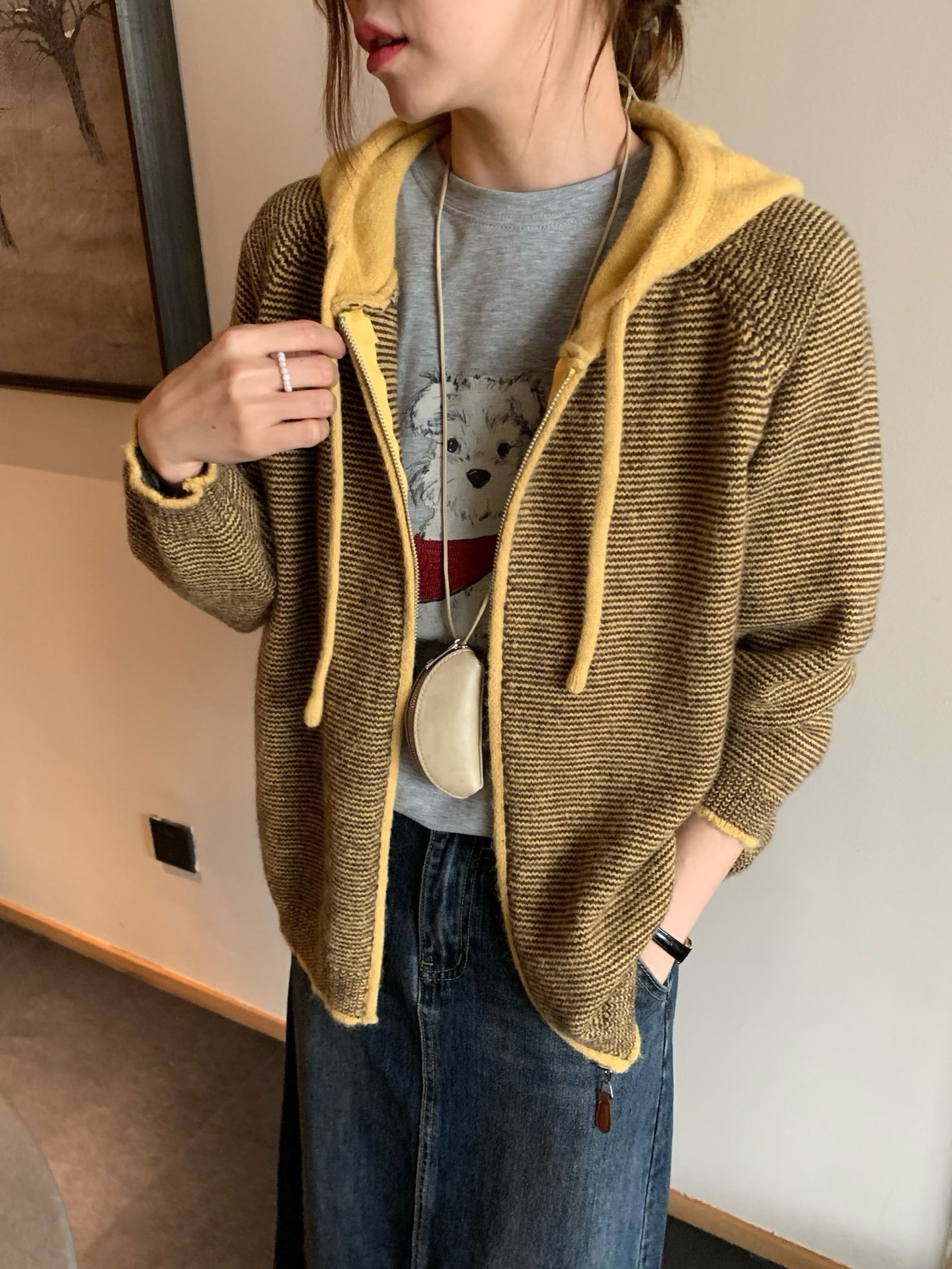 // 拼色連帽細間條拉鍊CD