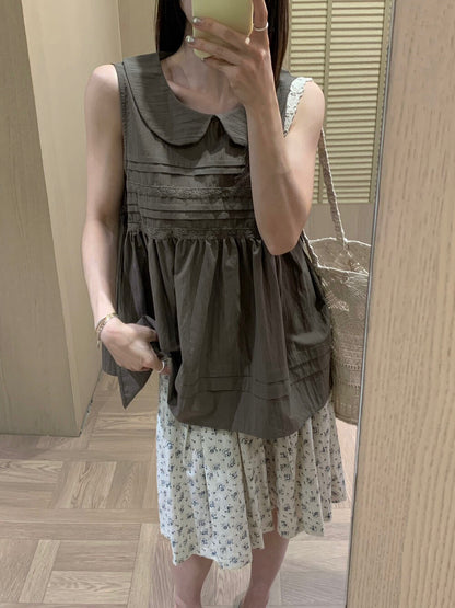 B73 / 娃娃領壓褶lace邊背心BL