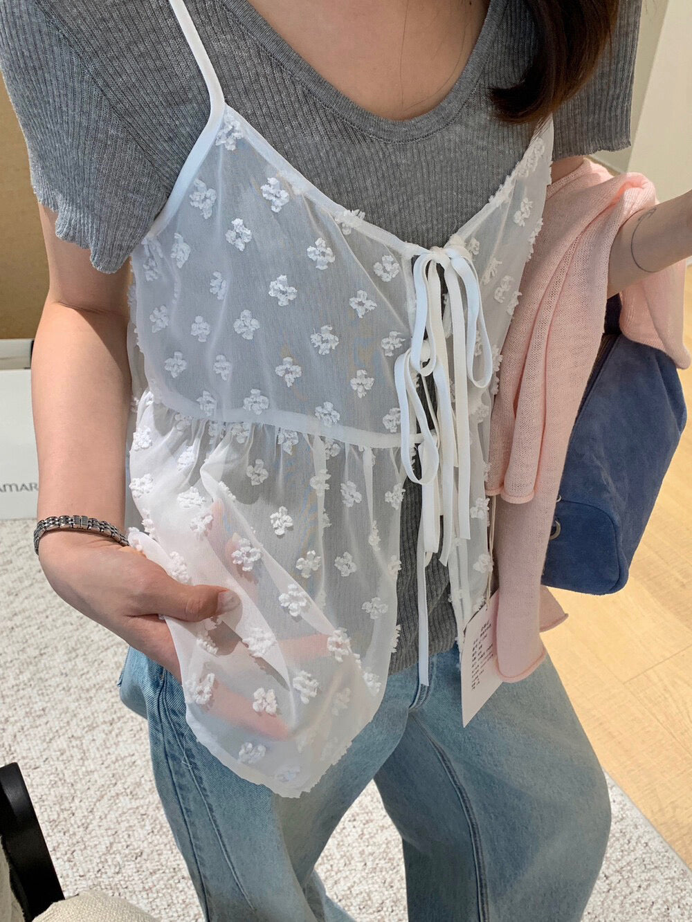 // 疊穿必入刺繡透膚綁帶小吊帶