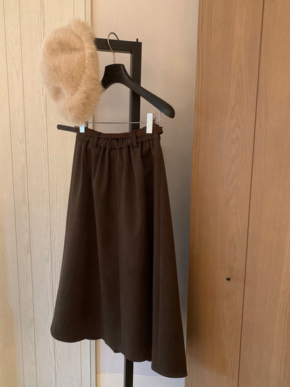 // 秋冬必備粗百褶毛呢中裙(連腰帶)
